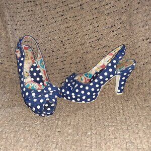 MISS L-FIRE-Suede-Navy/White Polka Dot Retro Style Slingback-Sz 8-Excellent
